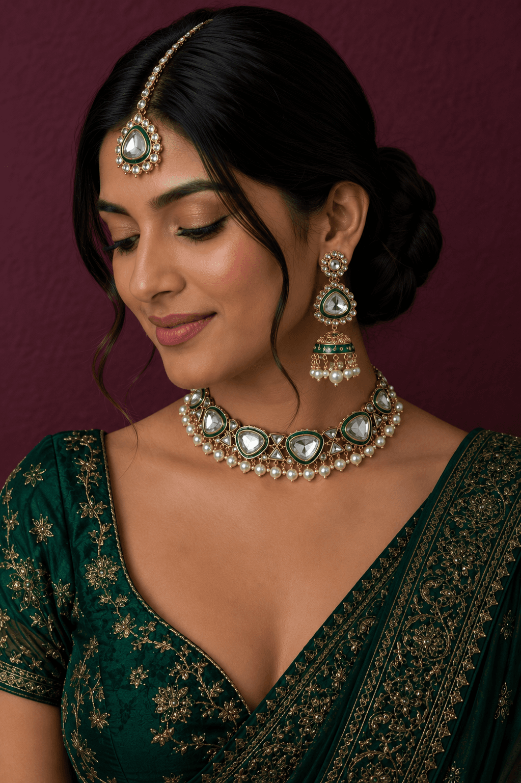 Emerald Kundan-Style Schmuckset mit Choker, Jhumkas und Tikka
