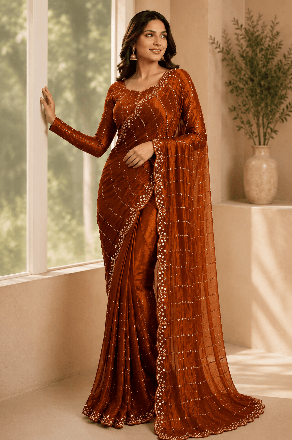Pure Roman Silk Saree mit Gold-, Stein- und Perlenarbeit