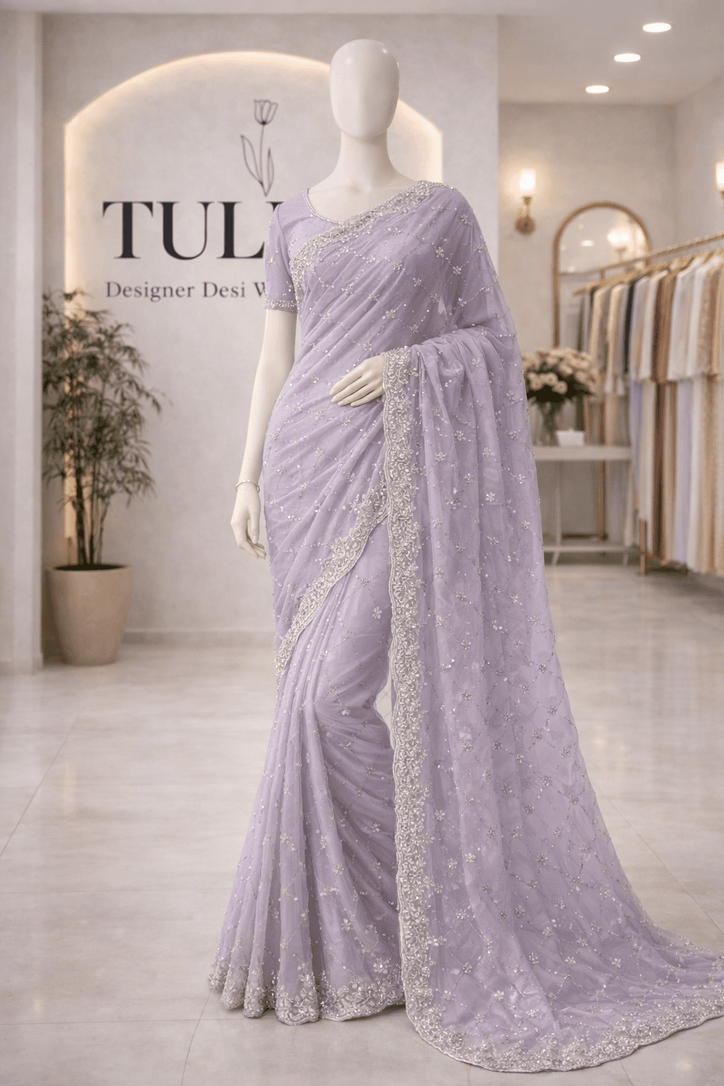 Pastel Dreams Pure-Organza-Saree mit funkelnder Verzierung