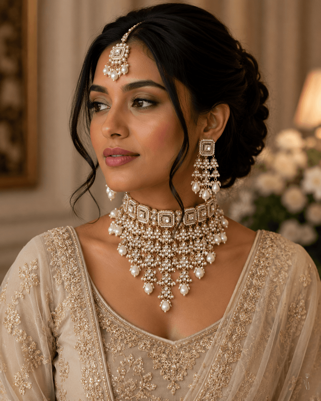 Perlweißes Premium-Kundan-Choker-Set
