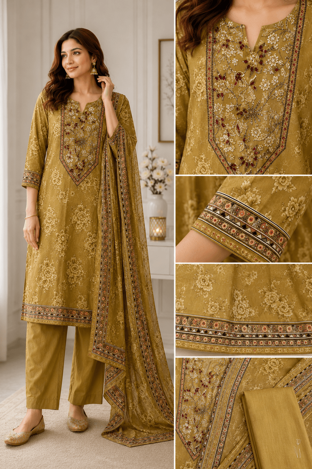 Mustardfarbenes Lawn-Kameez-Set mit floralen Details
